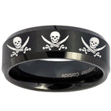 10mm Multiple Skull Pirate Beveled Edges Brush Black Tungsten Engraved Ring