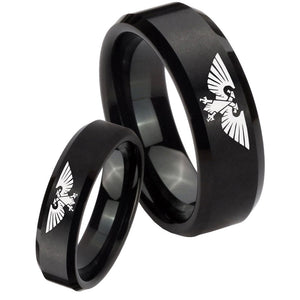 His Hers Aquila Beveled Edges Brush Black Tungsten Mens Engagement Band Set