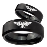 His Hers Aquila Beveled Edges Brush Black Tungsten Mens Engagement Band Set