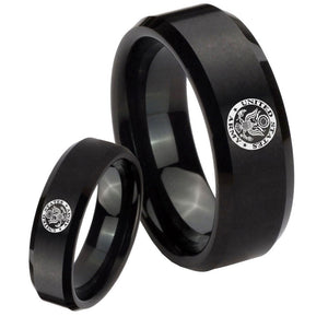 His Hers U.S. Army Beveled Edges Brush Black Tungsten Rings Set