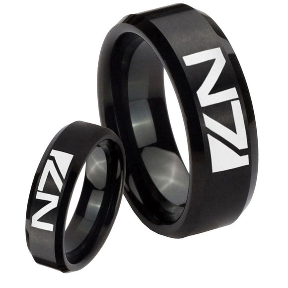 His Hers N7 Design Beveled Edges Brush Black Tungsten Rings Set