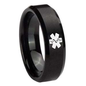 10mm Medical Alert Beveled Edges Brush Black Tungsten Carbide Men's Bands Ring