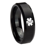 8mm Medical Alert Beveled Edges Brush Black Tungsten Carbide Mens Bands Ring