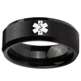 8mm Medical Alert Beveled Edges Brush Black Tungsten Carbide Mens Bands Ring