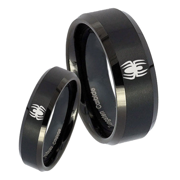 His Hers Spiderman Beveled Edges Brush Black Tungsten Wedding Band Ring Set