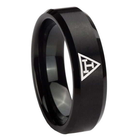 10mm Masonic Triple Beveled Edges Brush Black Tungsten Mens Engagement Ring