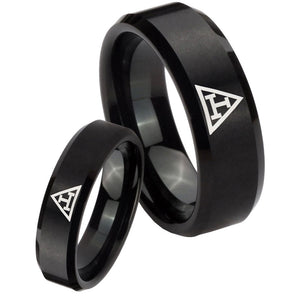 His Hers Masonic Triple Beveled Edges Brush Black Tungsten Mens Promise Ring Set