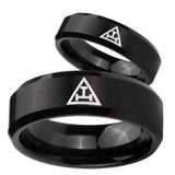 His Hers Masonic Triple Beveled Edges Brush Black Tungsten Mens Promise Ring Set