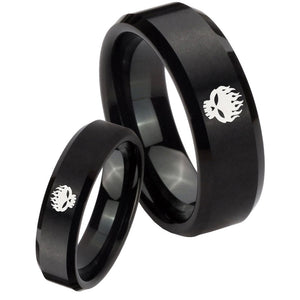 His Hers Offspring Beveled Edges Brush Black Tungsten Men's Promise Rings Set