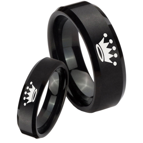 Bride and Groom Crown Beveled Edges Brush Black Tungsten Men's Ring Set