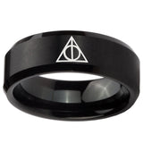 10mm Deathly Hallows Beveled Edges Brush Black Tungsten Carbide Men's Ring