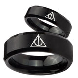 His Hers Deathly Hallows Beveled Brush Black Tungsten Mens Ring Personalized Set