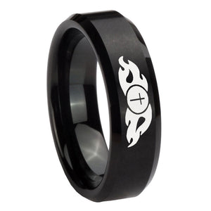 10mm Flamed Cross Beveled Edges Brush Black Tungsten Carbide Mens Ring Engraved