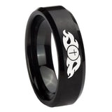 8mm Flamed Cross Beveled Edges Brush Black Tungsten Carbide Men's Ring