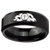 8mm Flamed Cross Beveled Edges Brush Black Tungsten Carbide Men's Ring