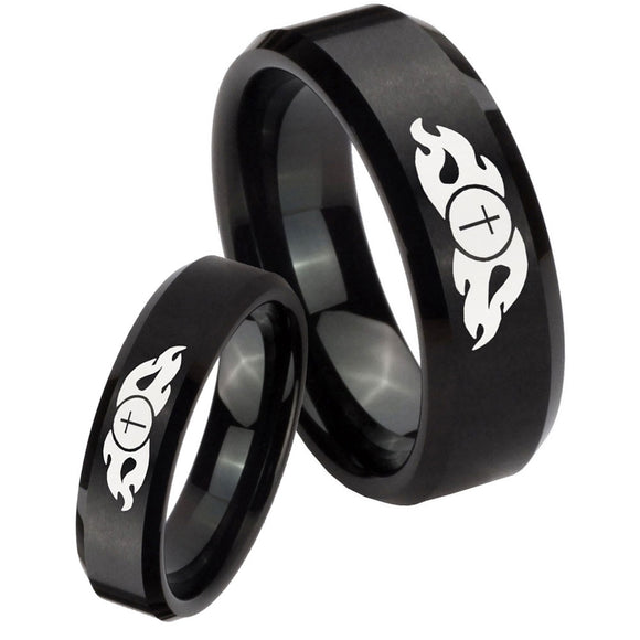 His Hers Flamed Cross Beveled Edges Brush Black Tungsten Mens Wedding Band Set