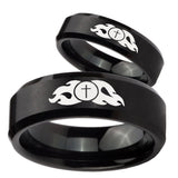 His Hers Flamed Cross Beveled Edges Brush Black Tungsten Mens Wedding Band Set