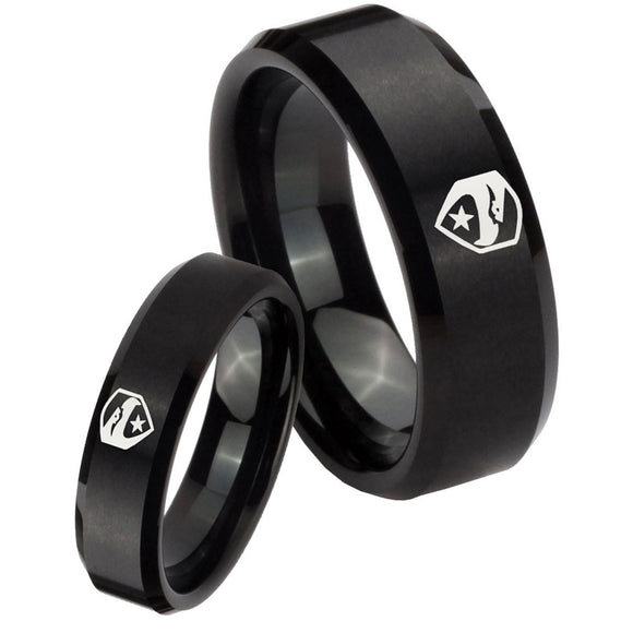 His Hers GI Joe Eagle Beveled Edges Brush Black Tungsten Men's Wedding Band Set