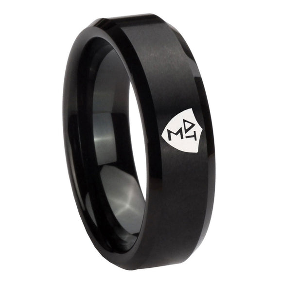 8mm Greek CTR Beveled Edges Brush Black Tungsten Carbide Mens Ring Personalized