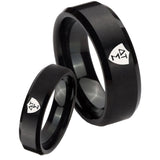 His Hers Greek CTR Beveled Edges Brush Black Tungsten Mens Wedding Ring Set