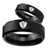 His Hers Greek CTR Beveled Edges Brush Black Tungsten Mens Wedding Ring Set