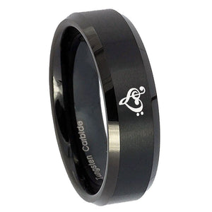 8mm Music & Heart Beveled Edges Brush Black Tungsten Men's Promise Rings