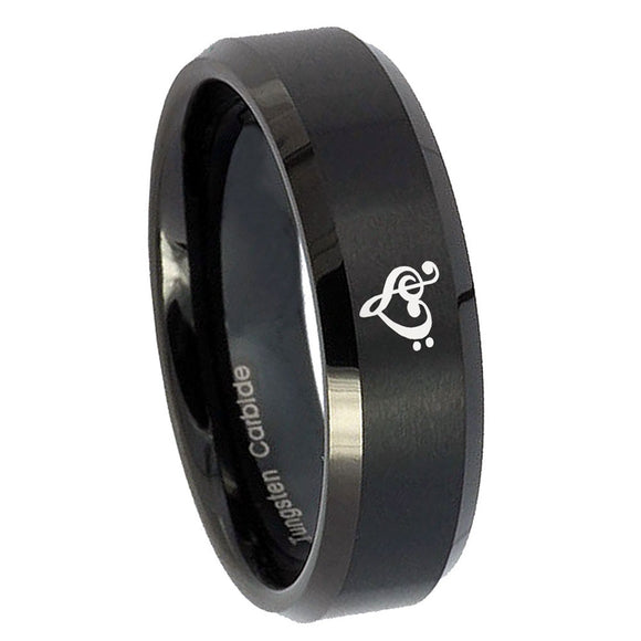10mm Music & Heart Beveled Edges Brush Black Tungsten Carbide Mens Ring
