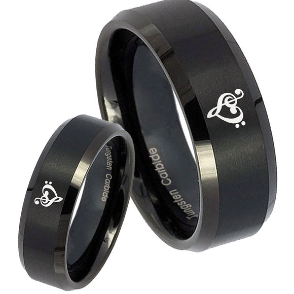 His Hers Music & Heart Beveled Brush Black Tungsten Wedding Engagement Ring Set