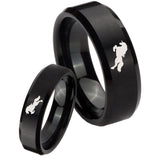 His Hers Horse Beveled Edges Brush Black Tungsten Personalized Ring Set