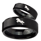 His Hers Horse Beveled Edges Brush Black Tungsten Personalized Ring Set