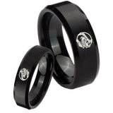 His Hers Angry Baseball Beveled Edges Brush Black Tungsten Promise Ring Set