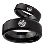 His Hers Angry Baseball Beveled Edges Brush Black Tungsten Promise Ring Set