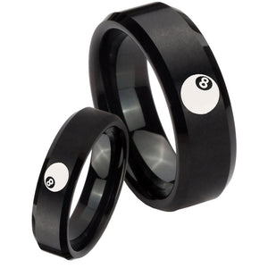 His and Hers 8 Ball Beveled Edges Brush Black Tungsten Rings for Men Set