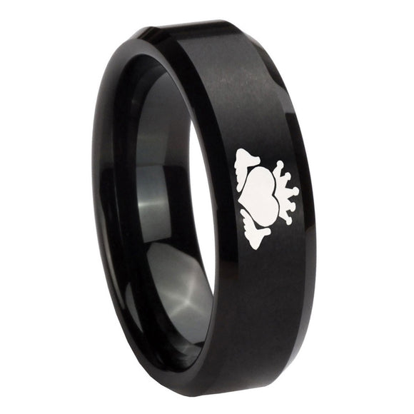 10mm Claddagh Design Beveled Edges Brush Black Tungsten Carbide Promise Ring