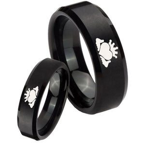 His Hers Claddagh Design Beveled Edges Brush Black Tungsten Rings Set