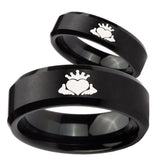 His Hers Claddagh Design Beveled Edges Brush Black Tungsten Rings Set