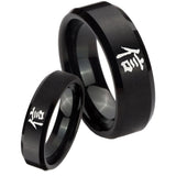 His Hers Kanji Faith Beveled Edges Brush Black Tungsten Wedding Bands Ring Set