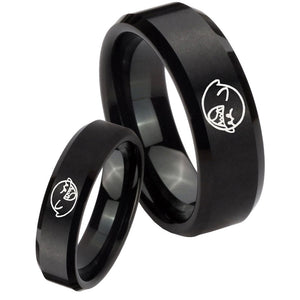 His Hers Mario Boo Ghost Beveled Brush Black Tungsten Custom Ring for Men Set