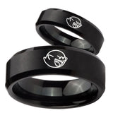 His Hers Mario Boo Ghost Beveled Brush Black Tungsten Custom Ring for Men Set