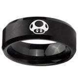 10mm Mario Mushroom Beveled Edges Brush Black Tungsten Carbide Custom Mens Ring