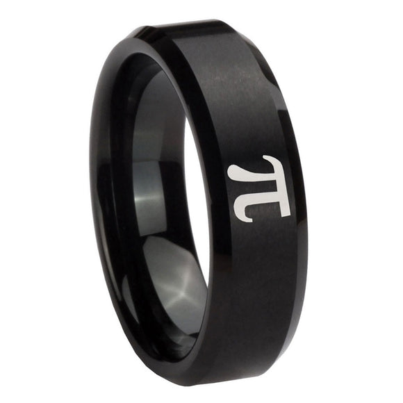 8mm Math Pi Beveled Edges Brush Black Tungsten Carbide Custom Ring for Men