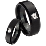 His Hers Maximal Beveled Edges Brush Black Tungsten Men's Band Ring Set