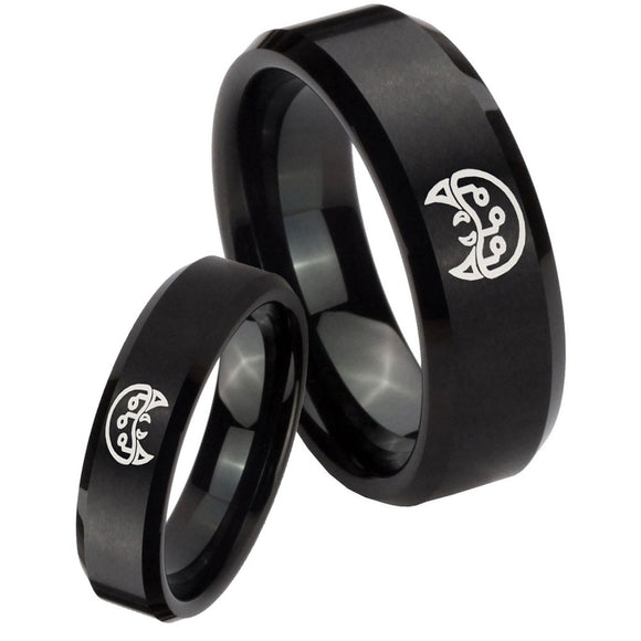 His Hers Metroid Beveled Edges Brush Black Tungsten Mens Bands Ring Set