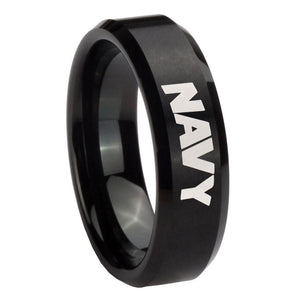 8mm Navy Beveled Edges Brush Black Tungsten Carbide Mens Bands Ring