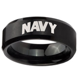 8mm Navy Beveled Edges Brush Black Tungsten Carbide Mens Bands Ring