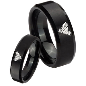 His Hers Phoenix Beveled Edges Brush Black Tungsten Mens Engagement Ring Set