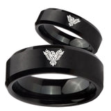 His Hers Phoenix Beveled Edges Brush Black Tungsten Mens Engagement Ring Set