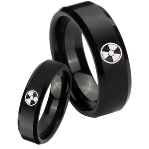 His Hers Radiation Beveled Edges Brush Black Tungsten Mens Promise Ring Set