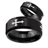 His Hers Christian Cross Religious Beveled Edges Brush Black Tungsten Rings Set