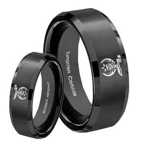 His Hers Masonic Shriners Beveled Edges Brush Black Tungsten Engraved Ring Set